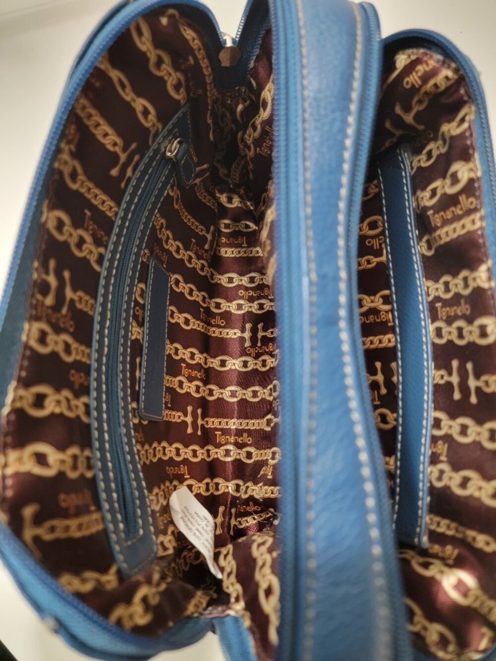 Tignanello Blue Pebbled Genuine Leather Crossbody Bag Multi-Zip Silver Hardware - Picture 7 of 8